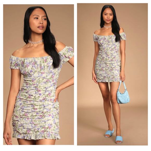 Lulu's Dresses & Skirts - Lulus Love Bloom Cream Floral Print Ruched Off-the-Shoulder Mini Dress Large